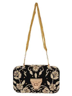 Anekaant Hasp Embroidered Velvet Clutch Black & Gold 4