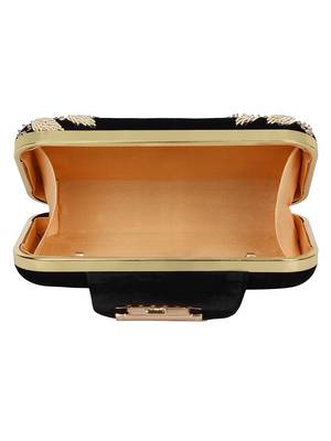 Anekaant Hasp Embroidered Velvet Clutch Black & Gold 5