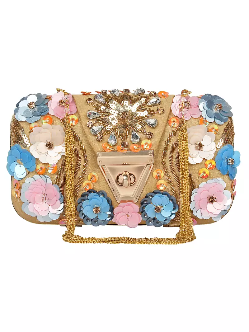 Anekaant Hasp Sequines Embellished Velvet Clutch Natural & Multi