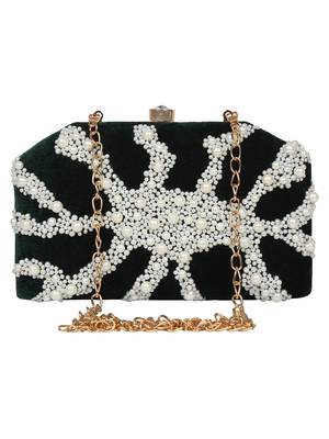 Anekaant Spiffy Embellished Velvet Clutch Dark Green & White 1
