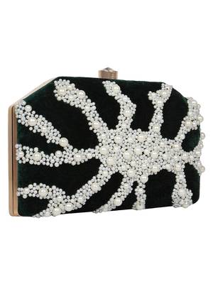 Anekaant Spiffy Embellished Velvet Clutch Dark Green & White 2