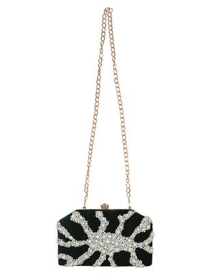 Anekaant Spiffy Embellished Velvet Clutch Dark Green & White 4