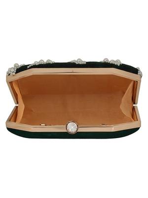 Anekaant Spiffy Embellished Velvet Clutch Dark Green & White 5