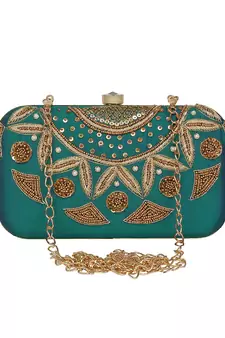 Anekaant Adorn Embroidered Faux Silk Clutch Bottle Green & Gold