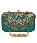 Anekaant Adorn Embroidered Faux Silk Clutch Bottle Green & Gold