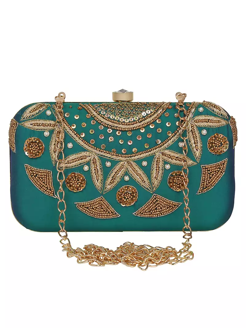 Anekaant Adorn Embroidered Faux Silk Clutch Bottle Green & Gold