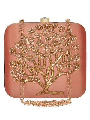 Anekaant Vista Embroidered Faux Silk Clutch Peach & Gold 1