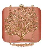 Anekaant Vista Embroidered Faux Silk Clutch Peach & Gold