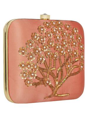Anekaant Vista Embroidered Faux Silk Clutch Peach & Gold 2