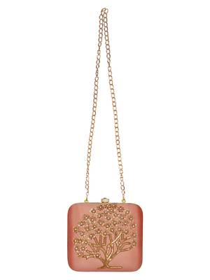 Anekaant Vista Embroidered Faux Silk Clutch Peach & Gold 4