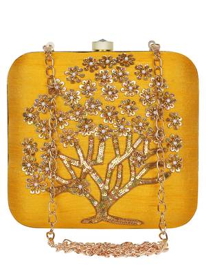 Anekaant Vista Embroidered Faux Silk Clutch Yellow & Gold 1