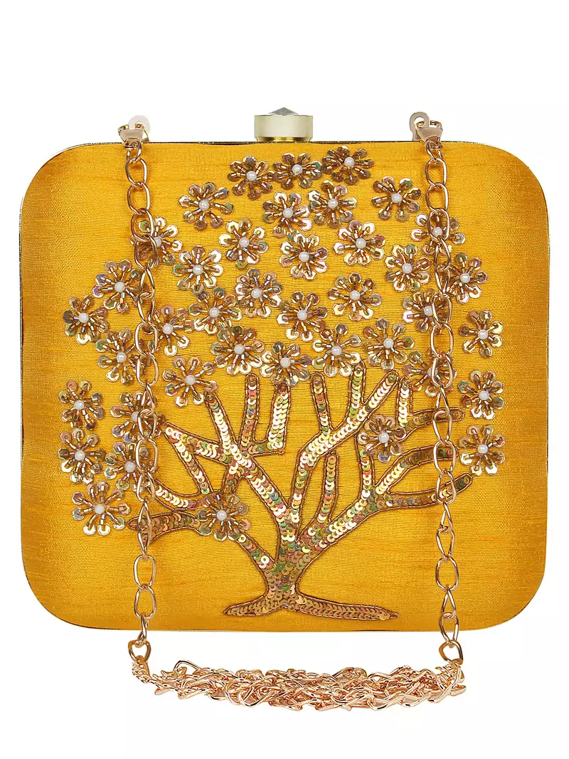 Anekaant Vista Embroidered Faux Silk Clutch Yellow & Gold