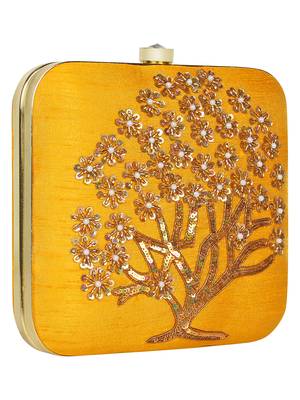 Anekaant Vista Embroidered Faux Silk Clutch Yellow & Gold 2