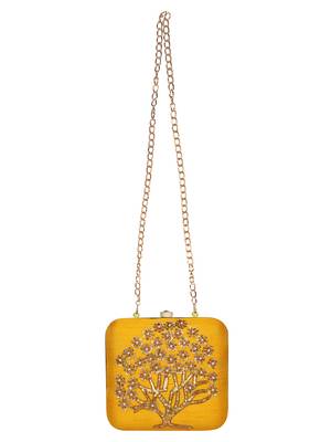 Anekaant Vista Embroidered Faux Silk Clutch Yellow & Gold 4