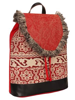 Anekaant Showy Red & Natural Geometric Cotton Canvas Backpack 2