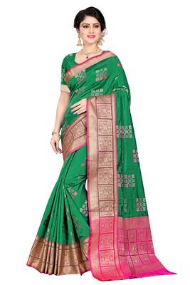 Green woven cotton silk saree with blouse 1