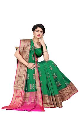 Green woven cotton silk saree with blouse 4