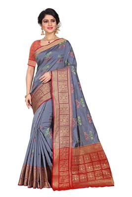 Grey woven cotton silk saree with blouse 1