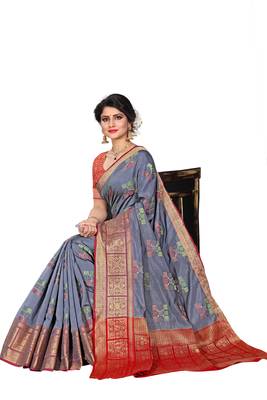 Grey woven cotton silk saree with blouse 4
