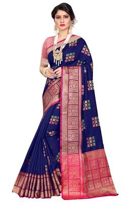 Blue woven cotton silk saree with blouse 4