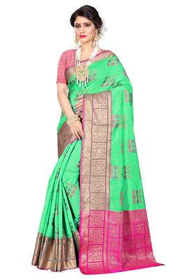 Green woven cotton silk saree with blouse 1