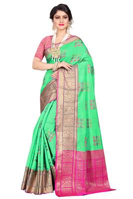 Green woven cotton silk saree with blouse 2