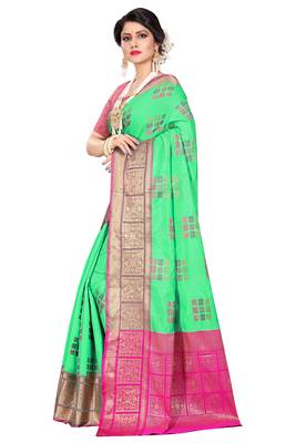 Green woven cotton silk saree with blouse 3