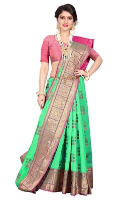 Green woven cotton silk saree with blouse 5