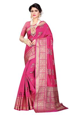 Pink woven cotton silk saree with blouse 1