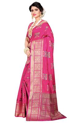 Pink woven cotton silk saree with blouse 2