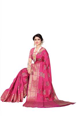 Pink woven cotton silk saree with blouse 3