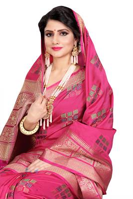 Pink woven cotton silk saree with blouse 4