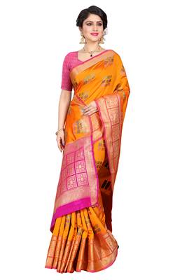 Yellow woven cotton silk saree with blouse 1