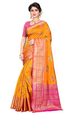 Yellow woven cotton silk saree with blouse 4