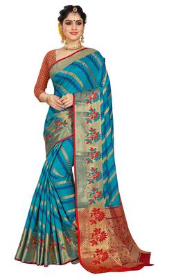 Blue woven cotton silk saree with blouse 1