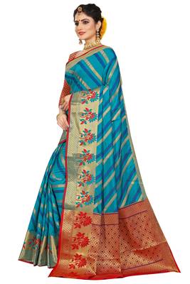 Blue woven cotton silk saree with blouse 2