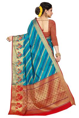 Blue woven cotton silk saree with blouse 3