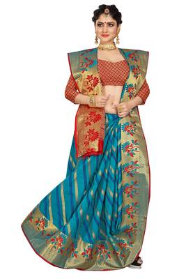 Blue woven cotton silk saree with blouse 4