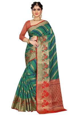 Green woven cotton silk saree with blouse 1