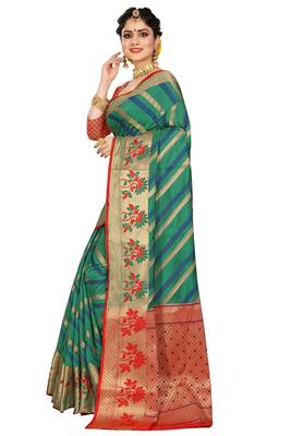 Green woven cotton silk saree with blouse 2