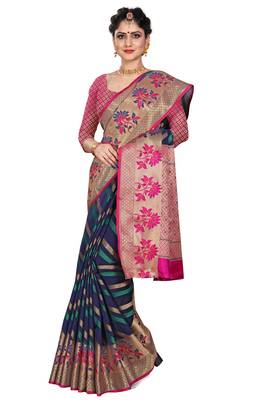 Blue woven cotton silk saree with blouse 1