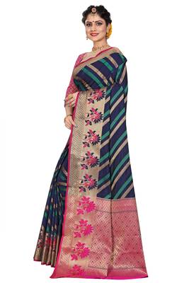 Blue woven cotton silk saree with blouse 2