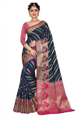 Blue woven cotton silk saree with blouse 4