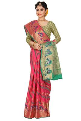 Pink woven cotton silk saree with blouse 1
