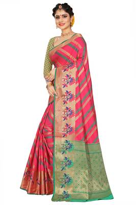 Pink woven cotton silk saree with blouse 2