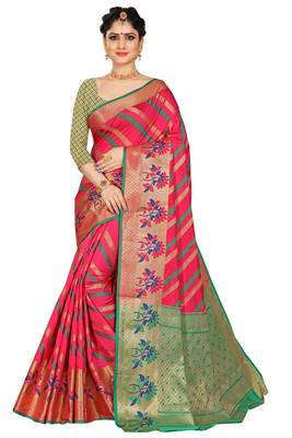 Pink woven cotton silk saree with blouse 4