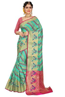 Green woven cotton silk saree with blouse 1