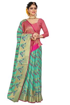 Green woven cotton silk saree with blouse 4