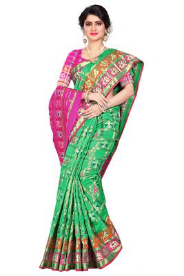 Green woven cotton silk saree with blouse 1