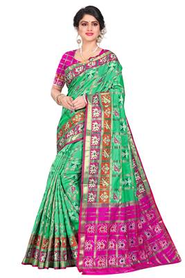 Green woven cotton silk saree with blouse 4